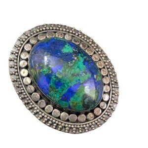 Vintage 925 Sterling Silver Azurite Malachite Brooch Pin Blue Green Gemstone Ova